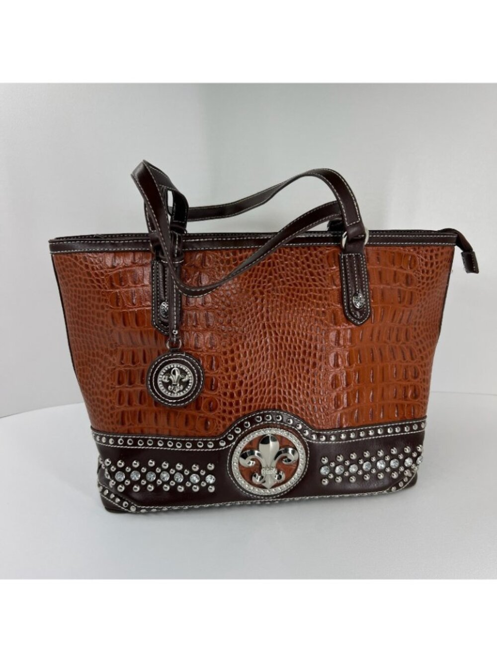 Silverake Shoulder Tote Bag Fleur De Lis Rhinestone Studded Croc Textured Brown - Picture 2 of 16
